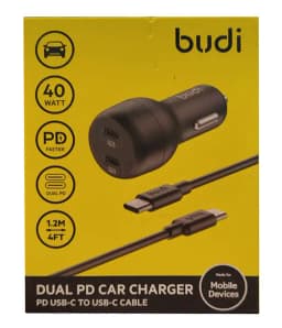 شارژر فندکی 40 وات بودی مدل CC108RTTB به همراه کابل USB-C به USB-C